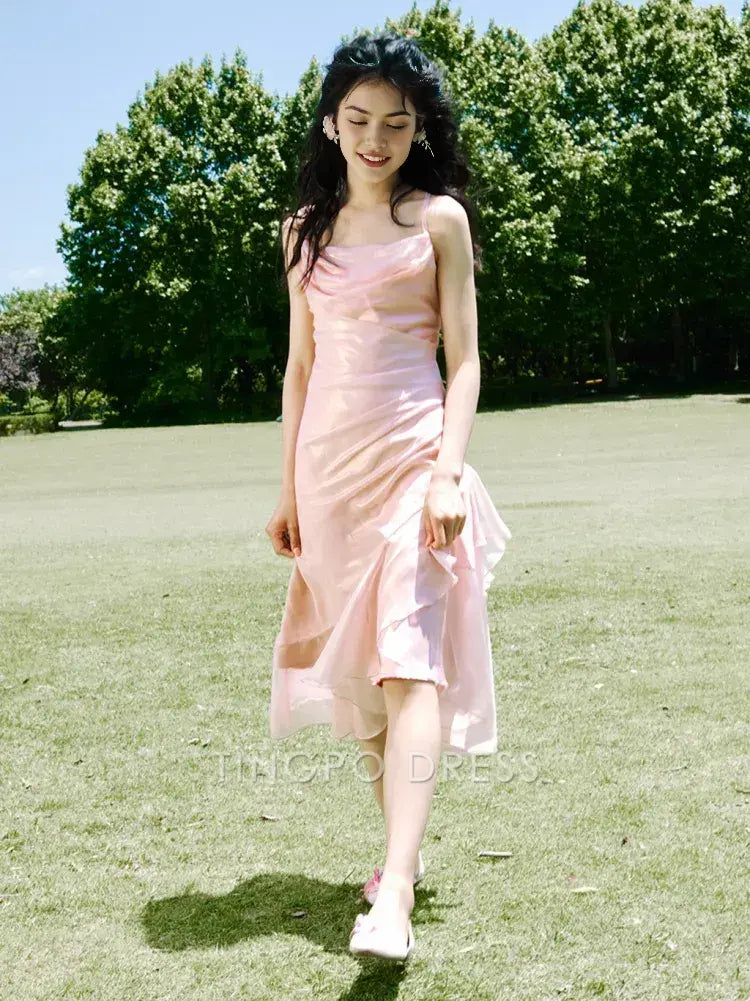 TingPo Wholesale Elegant Pink Asymmetrical Flounce Hem Cami Dress